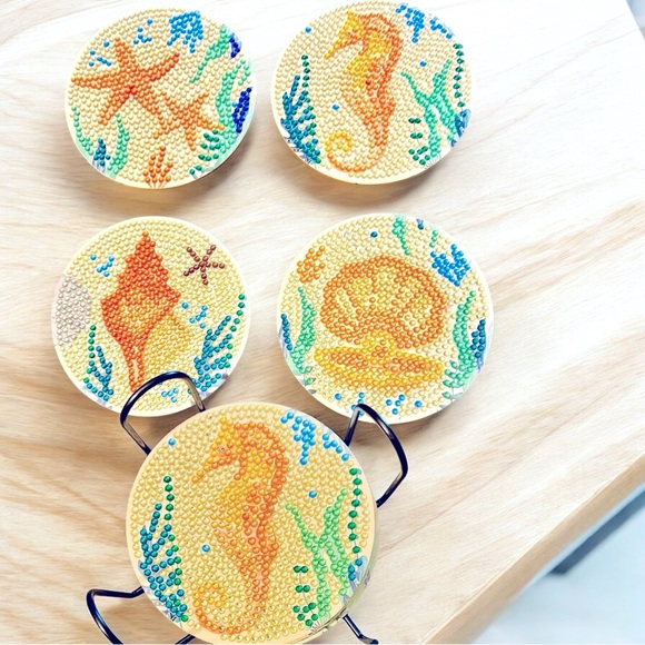 Hand Crafted Other - Colorful Sea Life Coaster Set of 4 w/Holder Hand Crafted & Sealed 4” Diamond Art